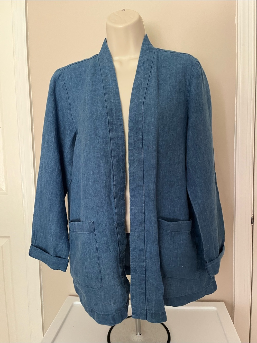 Linen PureJill Indigo Women’s Open Front Denim-Blue Linen Jacket